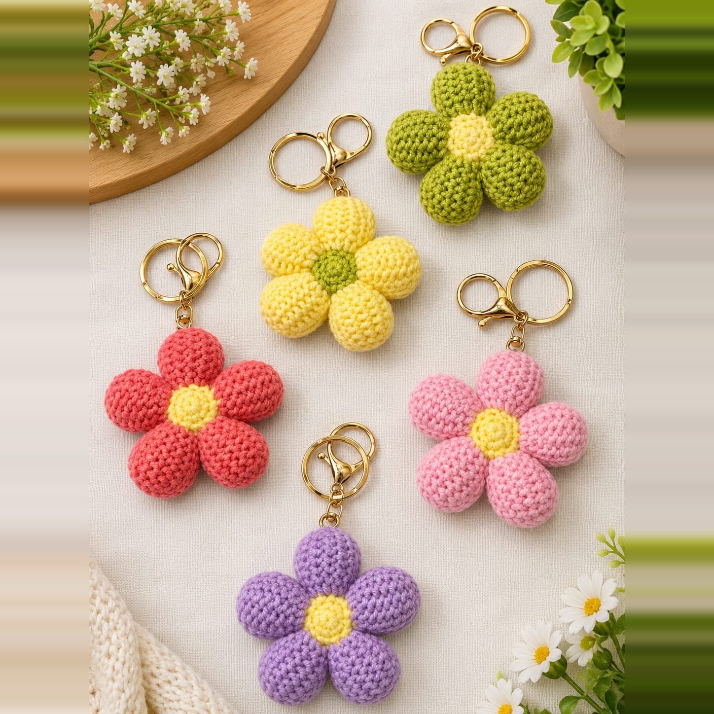 Coral Bloom Flower Crochet Keychain handmade product by Voshe Art