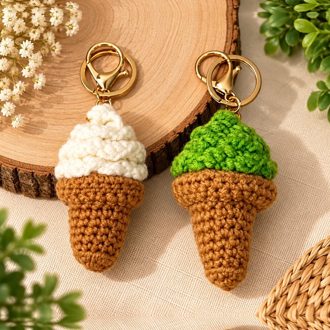 Ice Cream Cone Crochet Keychain handmade product by Voshe Art